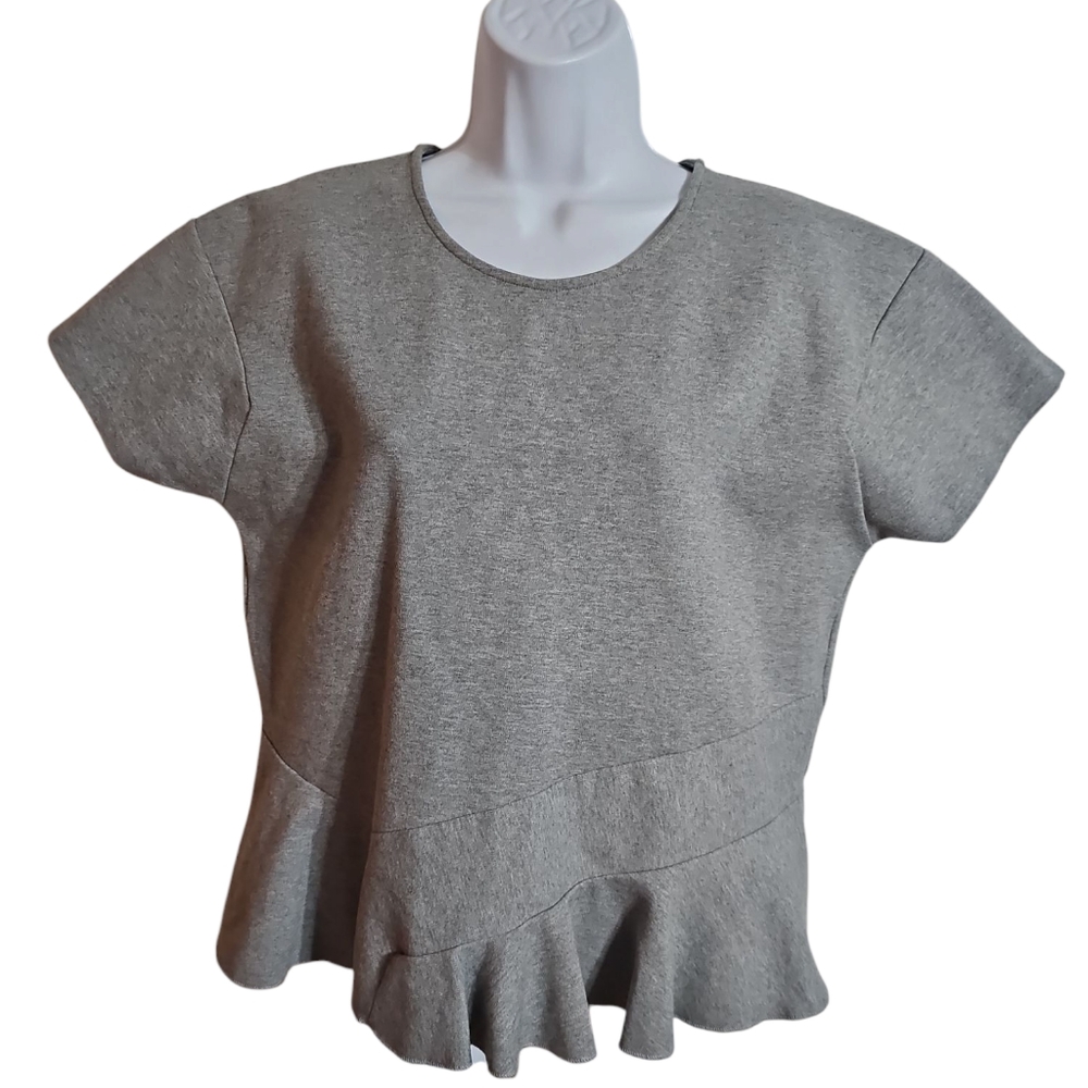 J.Crew Womens Large Peplum Top Gray Cotton Knit Short Sleeve Iconic Quiet Luxury - Picture 2 of 7